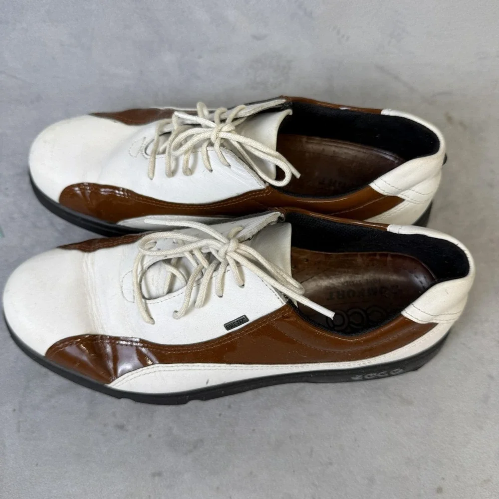 Ecco Gore-Tex‎ Golf Shoes Size 39 White Brown Leather Waterproof Spiked
